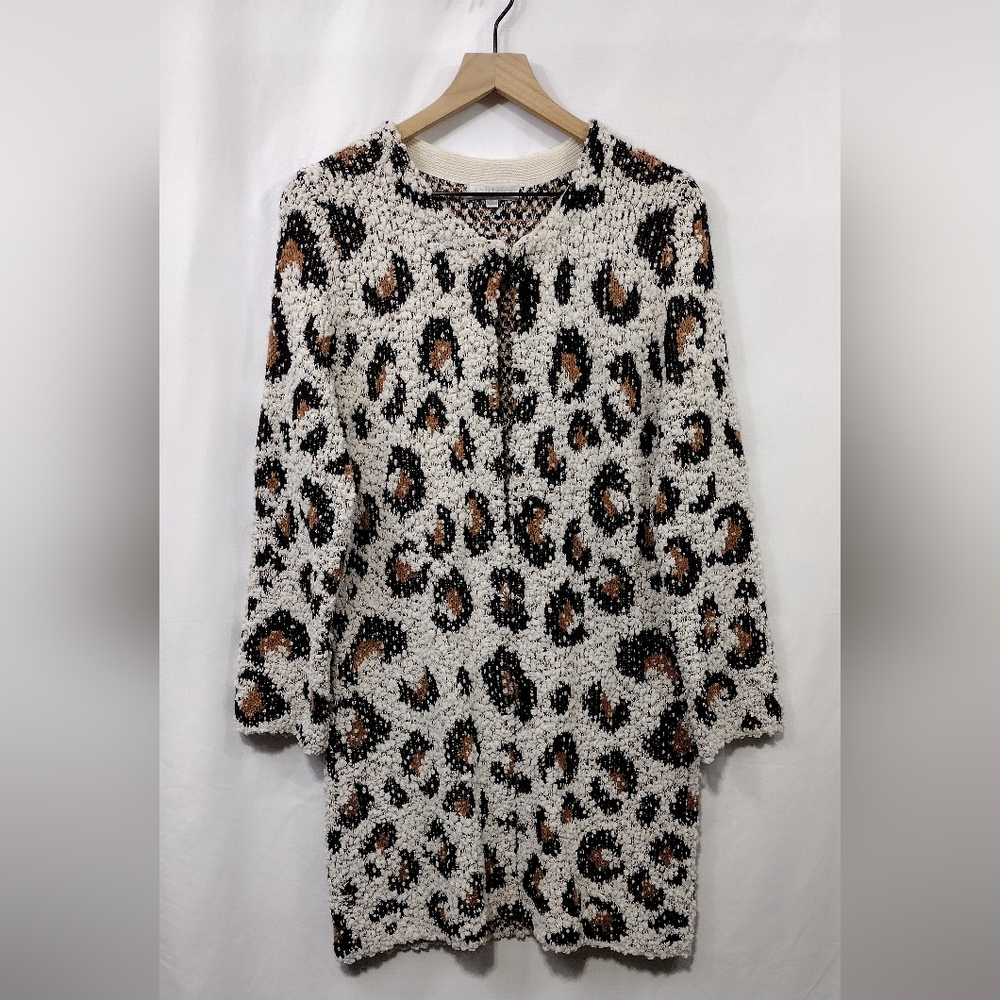 Solitaire by Ravi Khosla Leopard Sweater Cardigan Women's M Cream Brown Boho